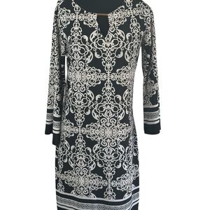 HAANI Petite Baroque Print Dress Black & White Elegant Shirt Dress Classic Small